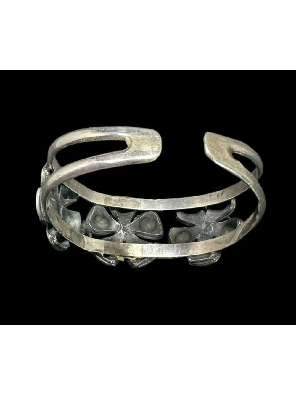 950 Silver Cuff Bracelet Three Flower Open Work Floral Design Sterling Retro - Picture 4 of 7